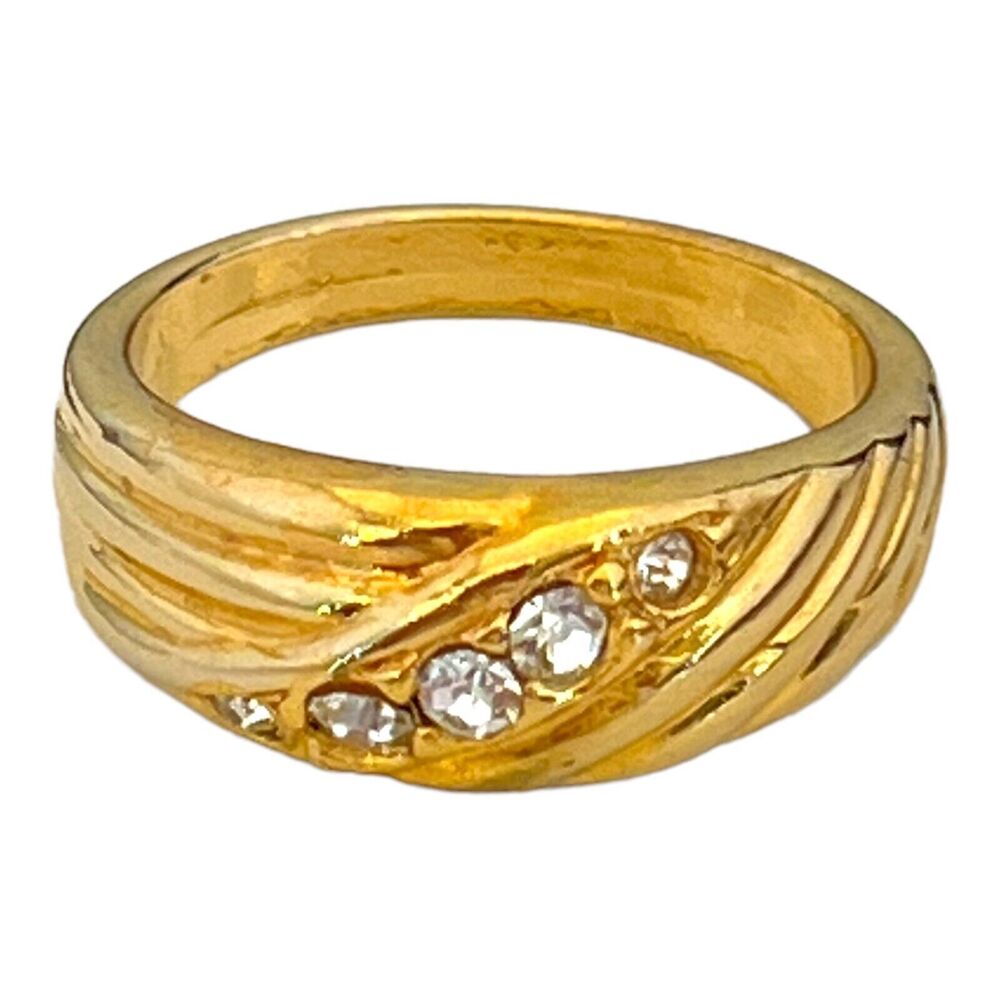 Vintage 1980s Crystal Accent Ring Gold Tone Textured Band Size 7 - 5C